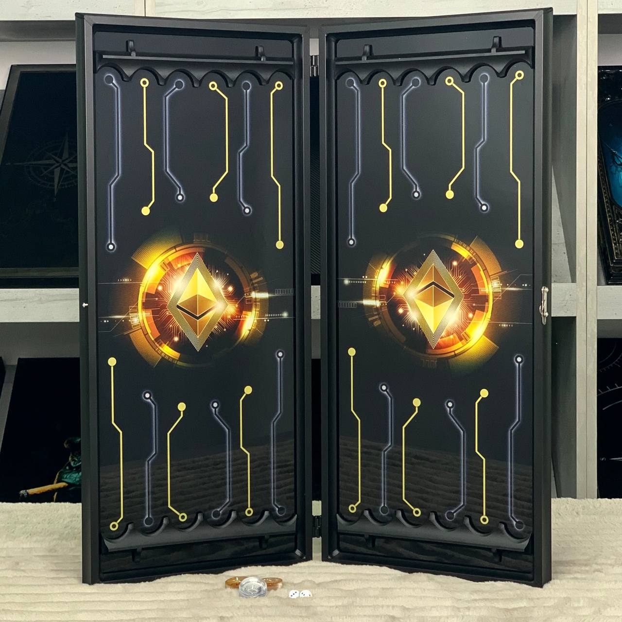 Backgammon en verre "Bitcoin", plateau de backgammon, cadeau pour le patron