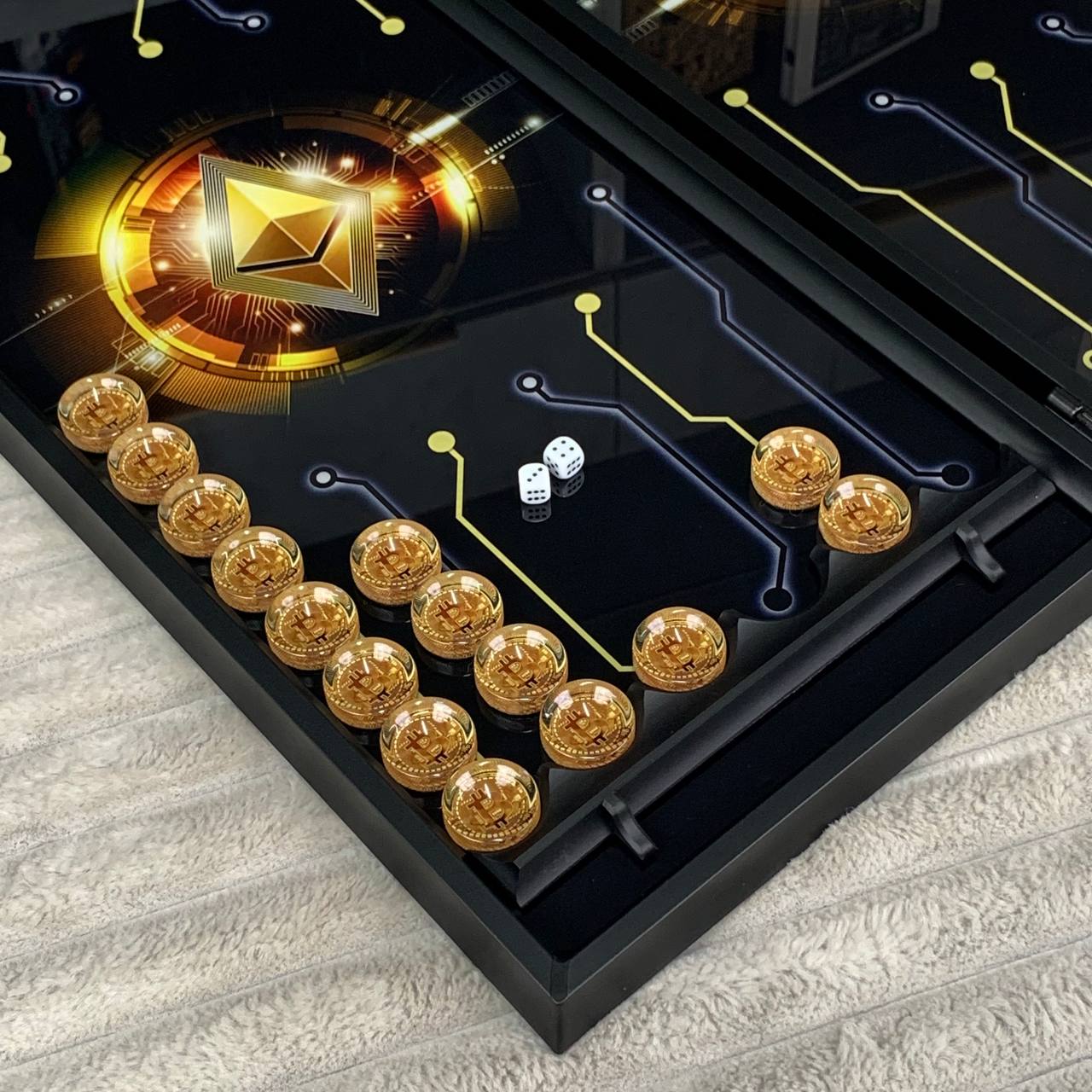 Backgammon en verre "Bitcoin", plateau de backgammon, cadeau pour le patron