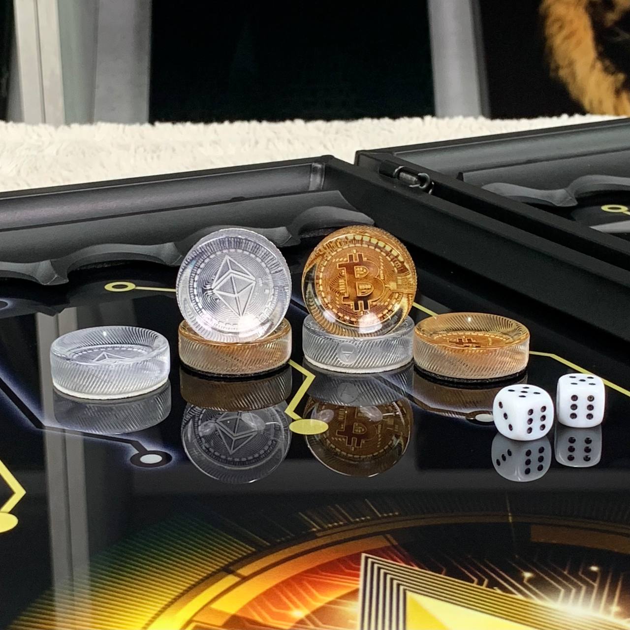 Backgammon en verre "Bitcoin", plateau de backgammon, cadeau pour le patron