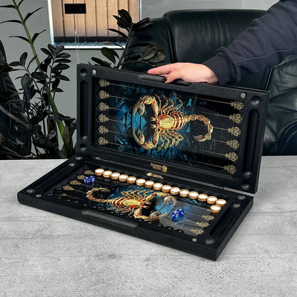 Luxury Glass&Wood Backgammon Set — Golden Scorpion Edition (19.7")  — Gift for Him