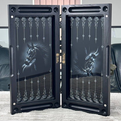 Handcrafted Glass&Wood Backgammon Set – Majestic Black Stallion Edition
