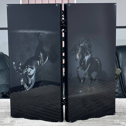 Handcrafted Glass&Wood Backgammon Set – Majestic Black Stallion Edition