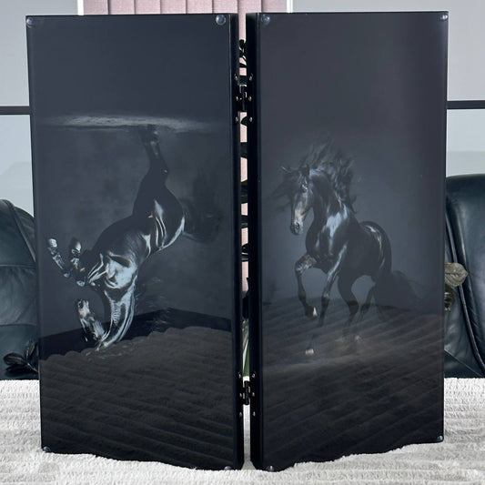 Handcrafted Glass&Wood Backgammon Set – Majestic Black Stallion Edition