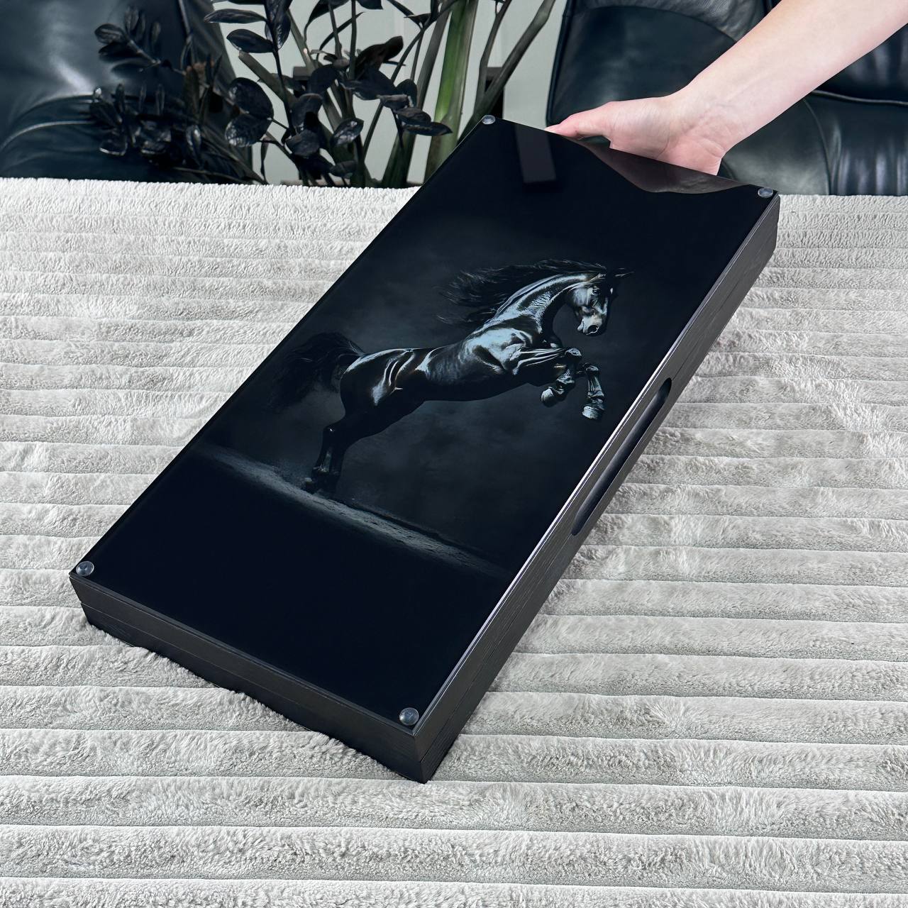 Handcrafted Glass&Wood Backgammon Set – Majestic Black Stallion Edition