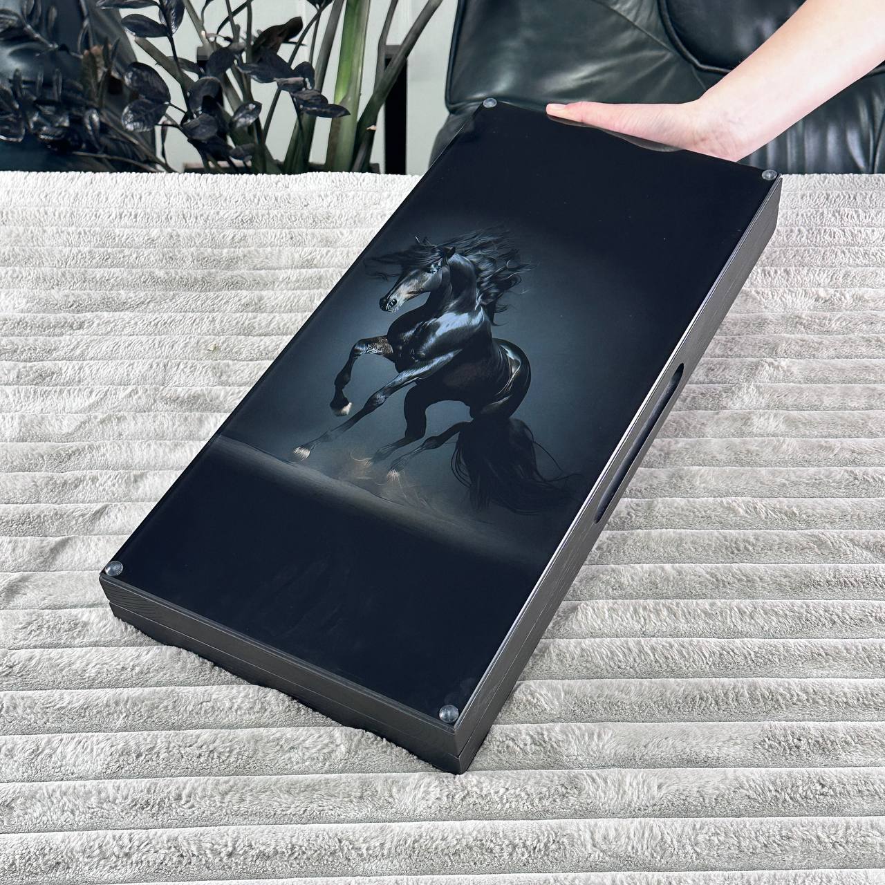 Handcrafted Glass&Wood Backgammon Set – Majestic Black Stallion Edition