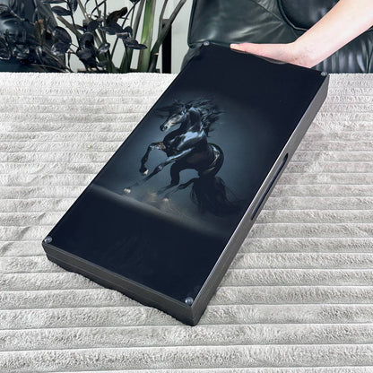 Handcrafted Glass&Wood Backgammon Set – Majestic Black Stallion Edition