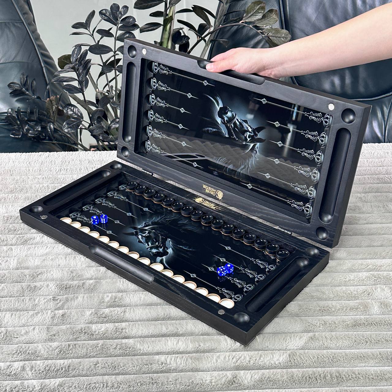 Handcrafted Glass&Wood Backgammon Set – Majestic Black Stallion Edition