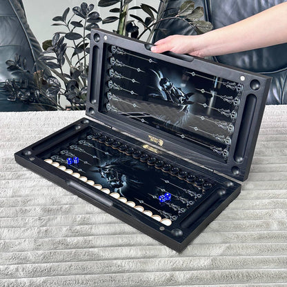 Handcrafted Glass&Wood Backgammon Set – Majestic Black Stallion Edition