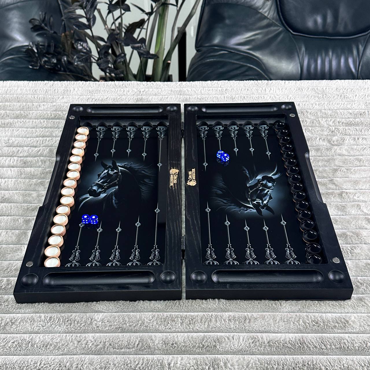 Handcrafted Glass&Wood Backgammon Set – Majestic Black Stallion Edition