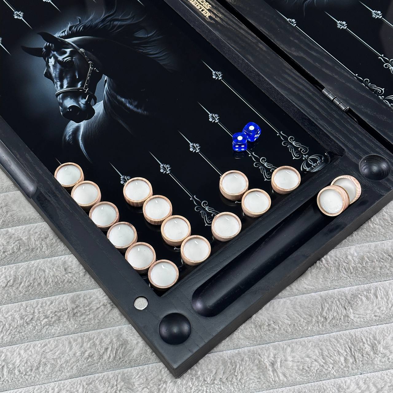 Handcrafted Glass&Wood Backgammon Set – Majestic Black Stallion Edition