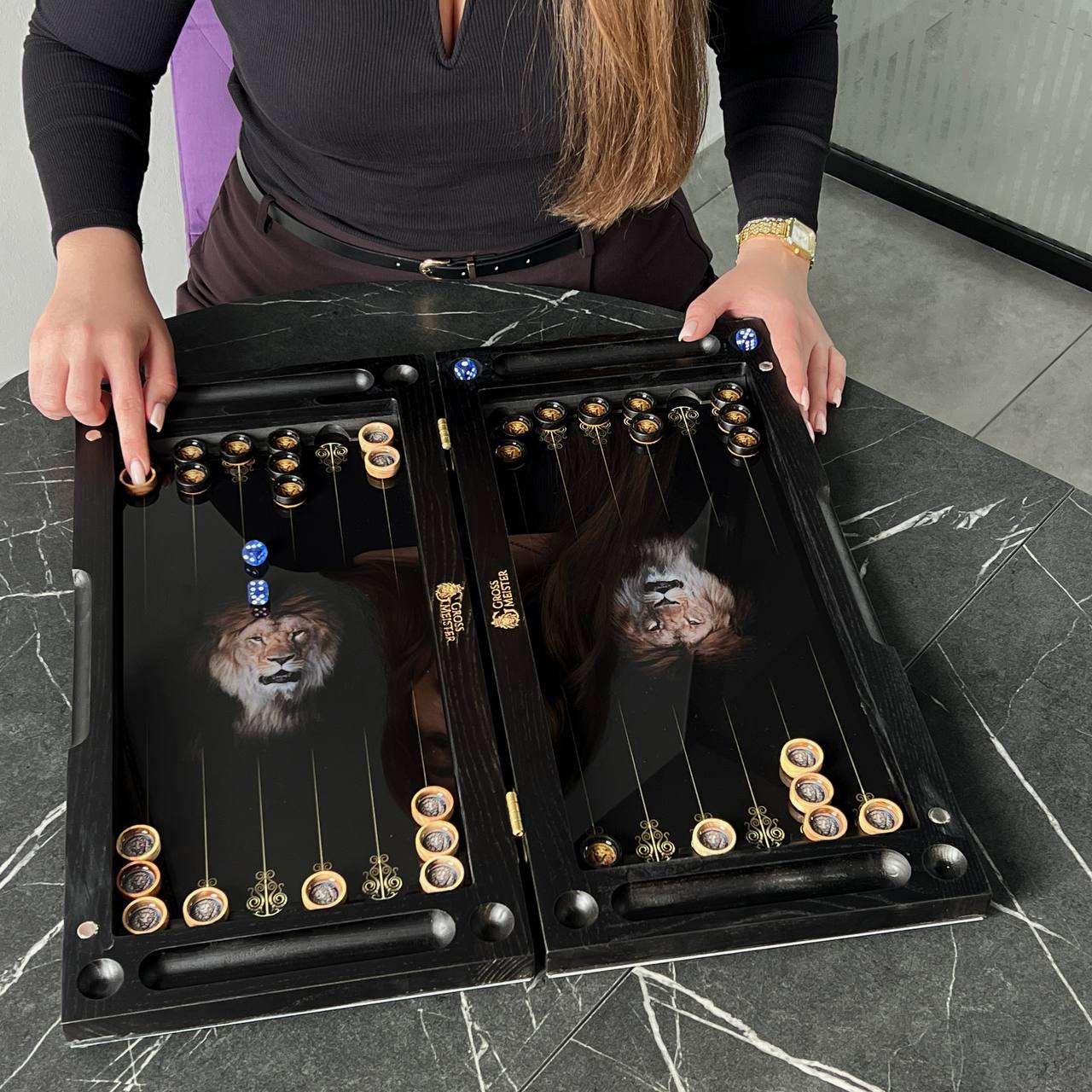 The Golden Lion King Premium Glass&Wood Backgammon Set — Luxury Game Board Gift for Him
