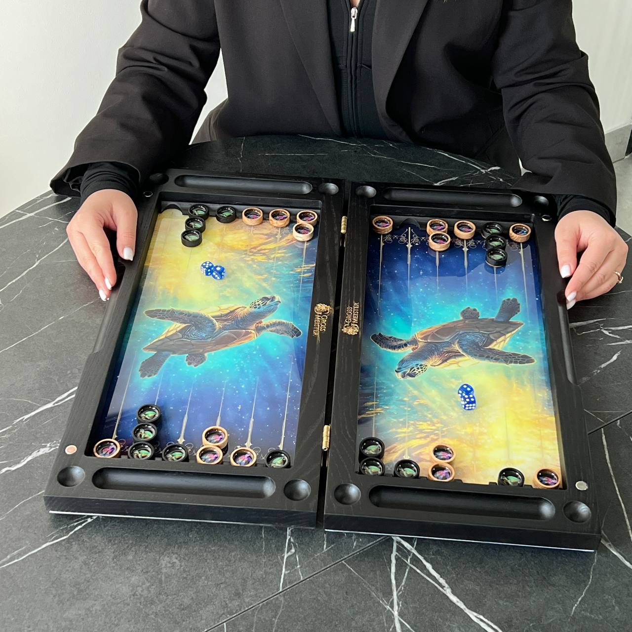 The Golden Meridian Sea Turtle Premium Glass&Wood Backgammon Set — Luxury Game Board Gift