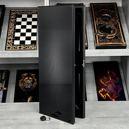 Exclusive Glass Backgammon with PREMIUM CHEKERS "Carbon-design" 61×27 cm, Gift-ready