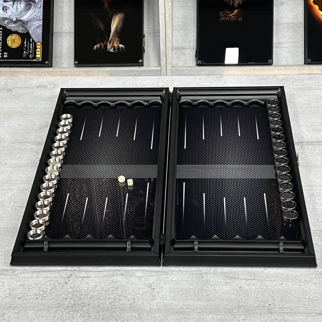 Exclusive Glass Backgammon with PREMIUM CHEKERS "Carbon-design" 61×27 cm, Gift-ready