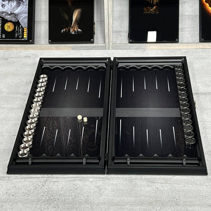 Exclusive Glass Backgammon with PREMIUM CHEKERS "Carbon-design" 61×27 cm, Gift-ready