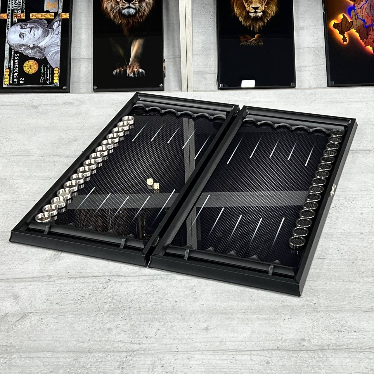Exclusive Glass Backgammon with PREMIUM CHEKERS "Carbon-design" 61×27 cm, Gift-ready