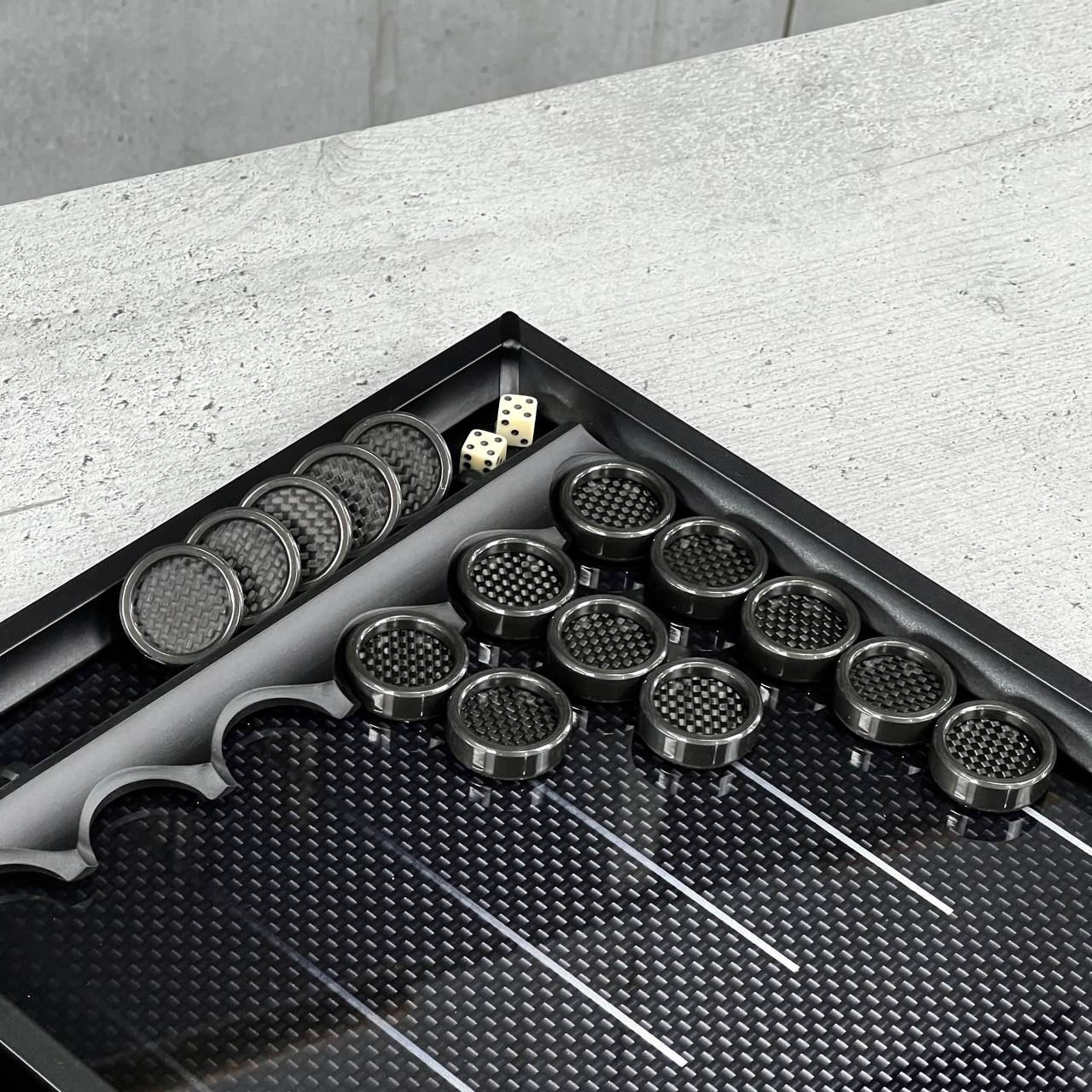 Exclusive Glass Backgammon with PREMIUM CHEKERS "Carbon-design" 61×27 cm, Gift-ready
