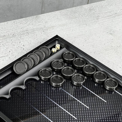 Exclusive Glass Backgammon with PREMIUM CHEKERS "Carbon-design" 61×27 cm, Gift-ready
