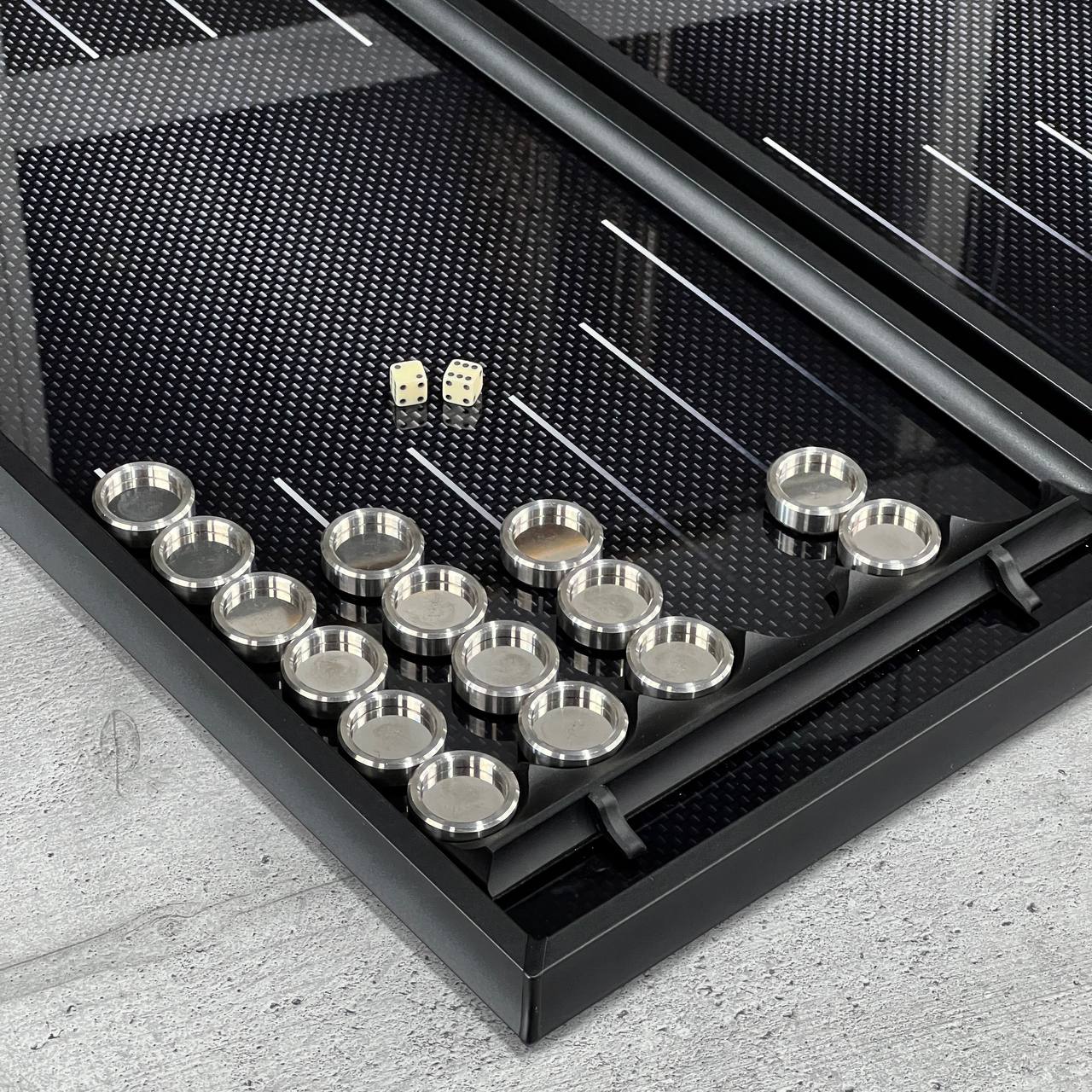 Exclusive Glass Backgammon with PREMIUM CHEKERS "Carbon-design" 61×27 cm, Gift-ready