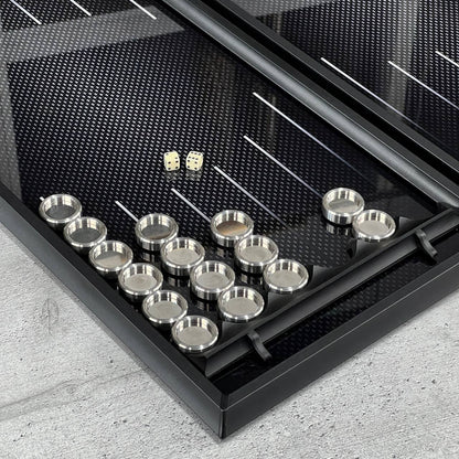 Exclusive Glass Backgammon with PREMIUM CHEKERS "Carbon-design" 61×27 cm, Gift-ready