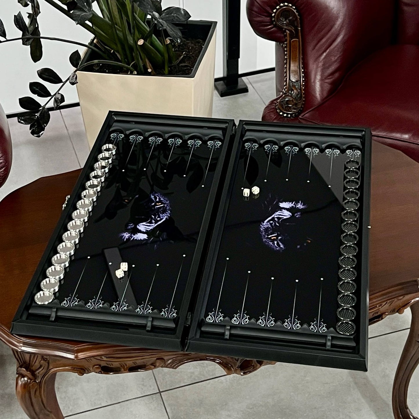 Exclusive Glass Backgammon with PREMIUM CHEKERS "Lion-design" 61×27 cm, Gift-ready (Copy)