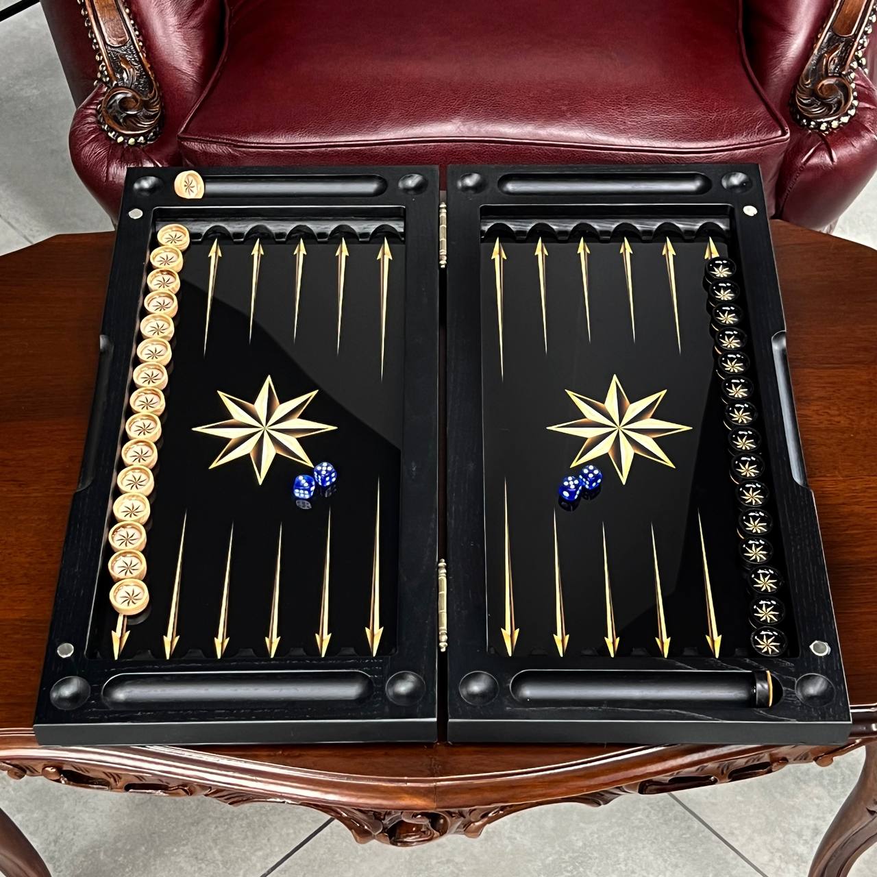 Luxury Glass&Wood Backgammon Star Rose Wind design, Gift-ready and Customized