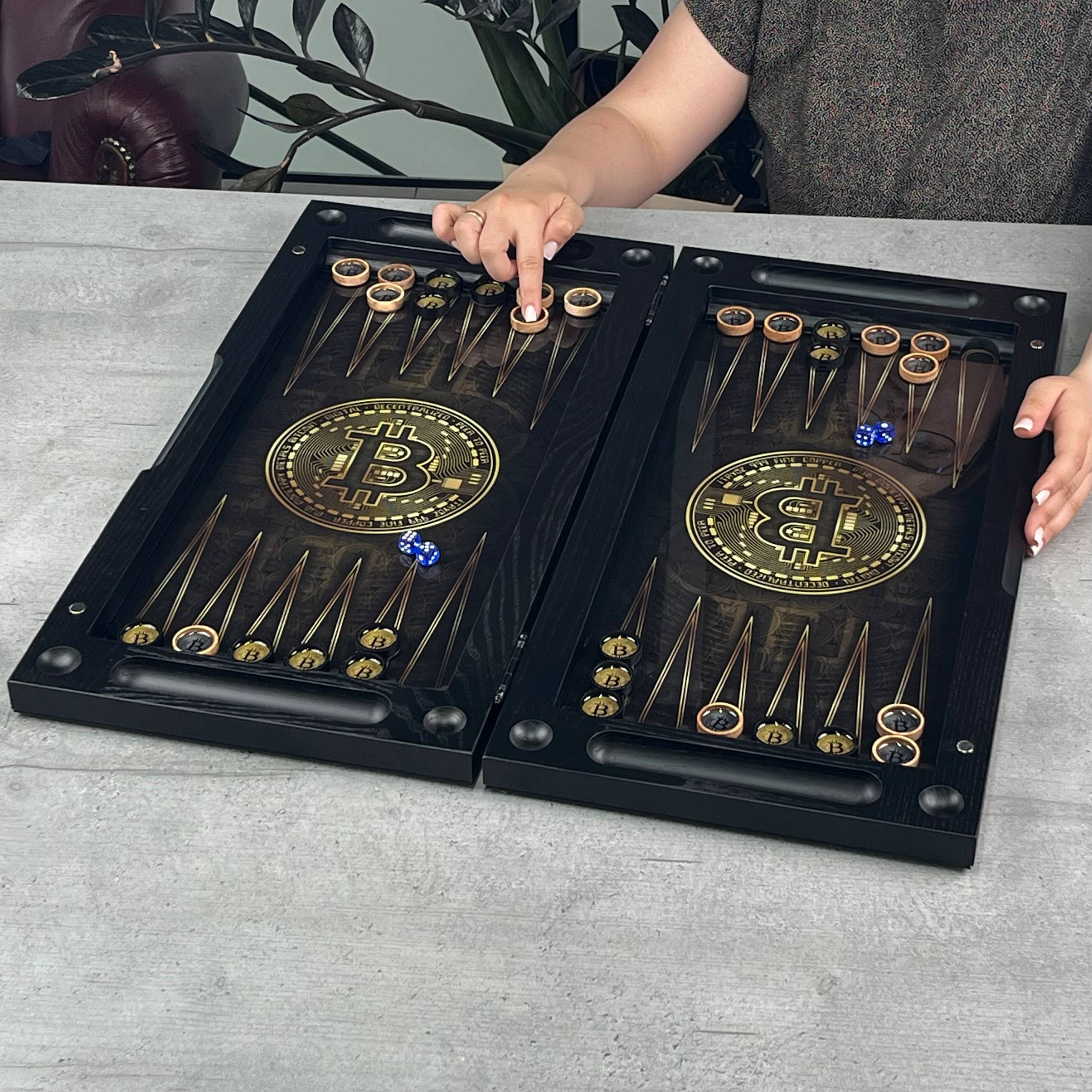 Luxury Bitcoin Crypto Glass&Wood Backgammon Set – 24" Premium Board