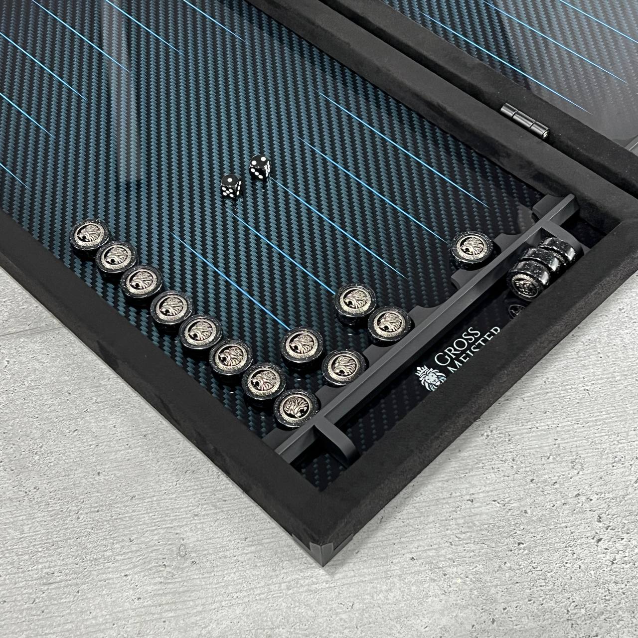Luxurious Handmade Metal and Carbon Backgammon Set 60*30cm with acrylic stone pieces, Gift-ready VIP, blue lines