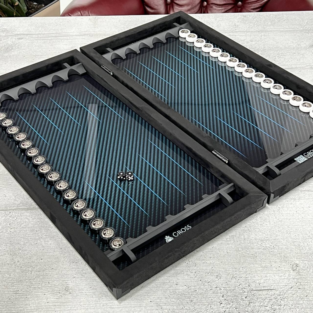 Luxurious Handmade Metal and Carbon Backgammon Set 60*30cm with acrylic stone pieces, Gift-ready VIP, blue lines