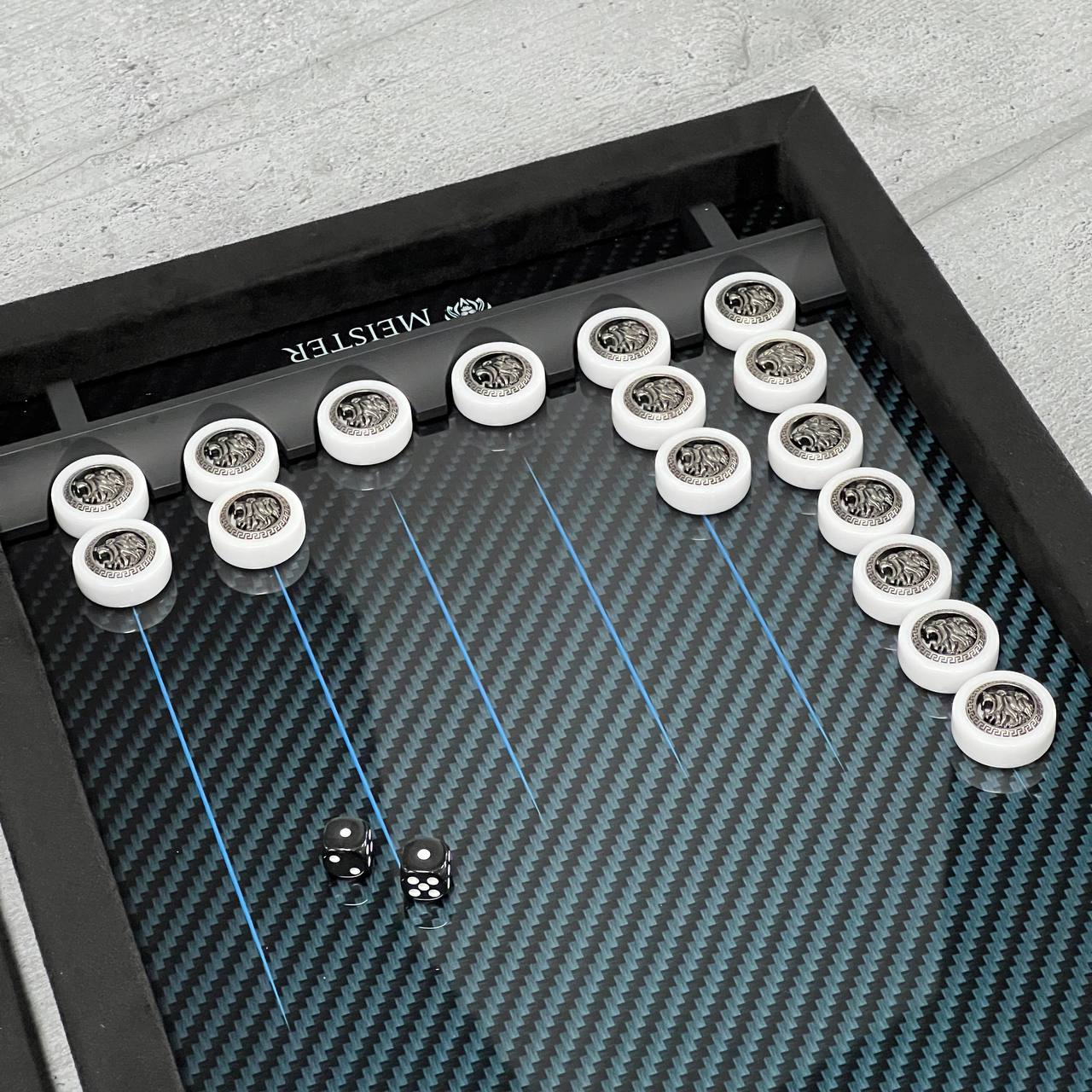 Luxurious Handmade Metal and Carbon Backgammon Set 60*30cm with acrylic stone pieces, Gift-ready VIP, blue lines