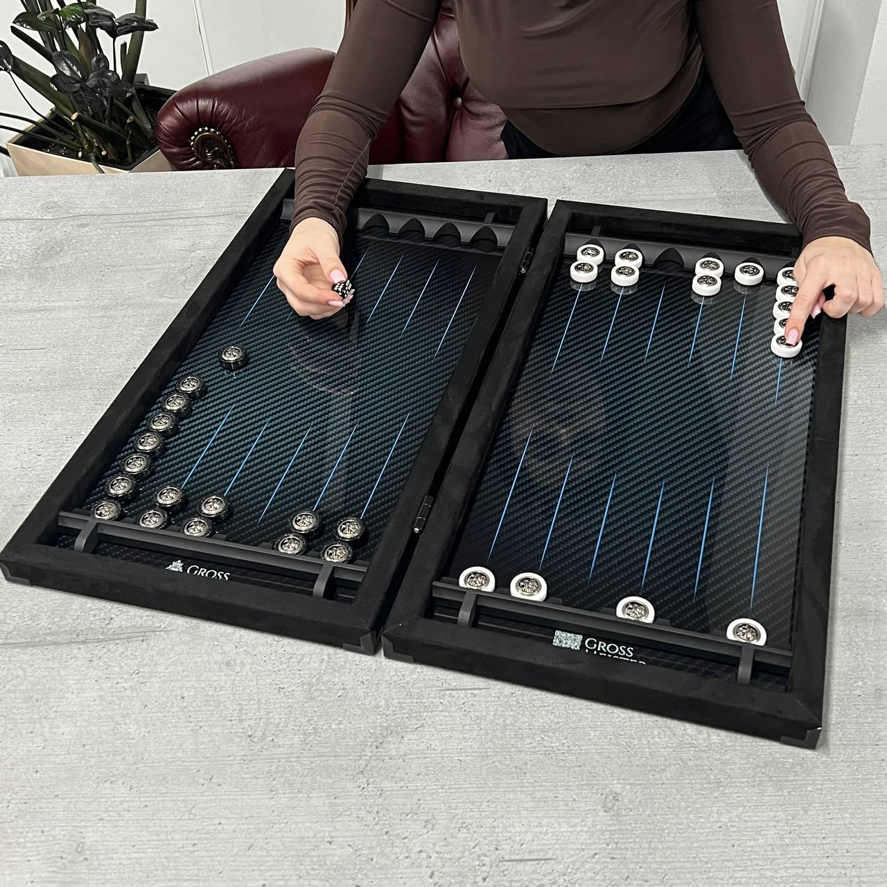 Luxurious Handmade Metal and Carbon Backgammon Set 60*30cm with acrylic stone pieces, Gift-ready VIP, blue lines