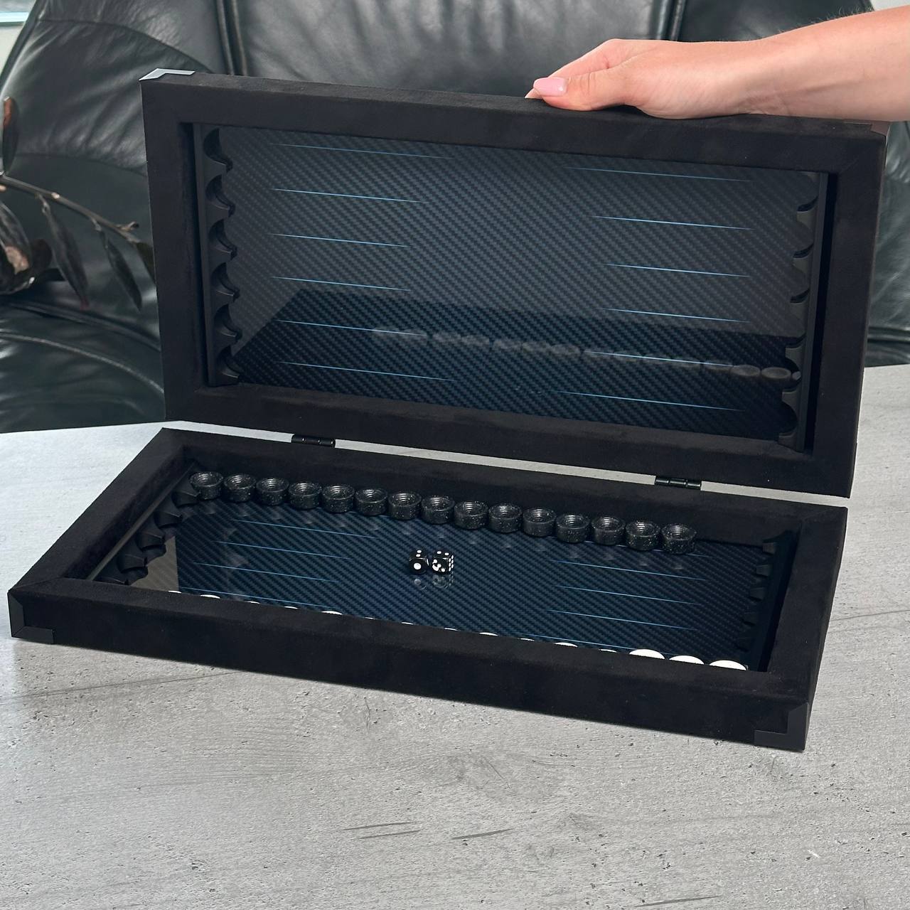 Luxurious Handmade Metal and Carbon Backgammon Set 40cm (~15in), Gift-ready VIP