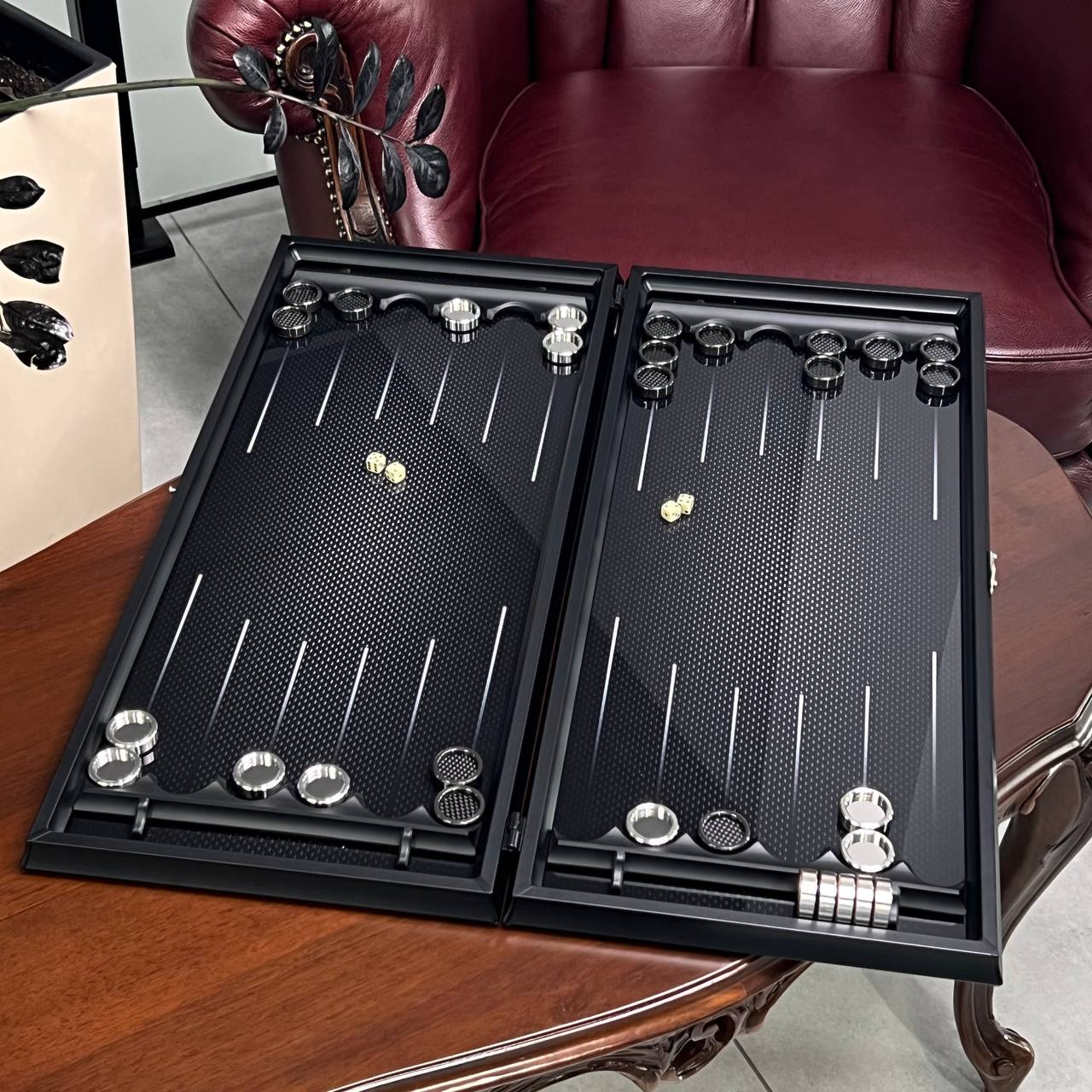 Carbon Design Backgammon Set with Premium Checkers – Large 24”