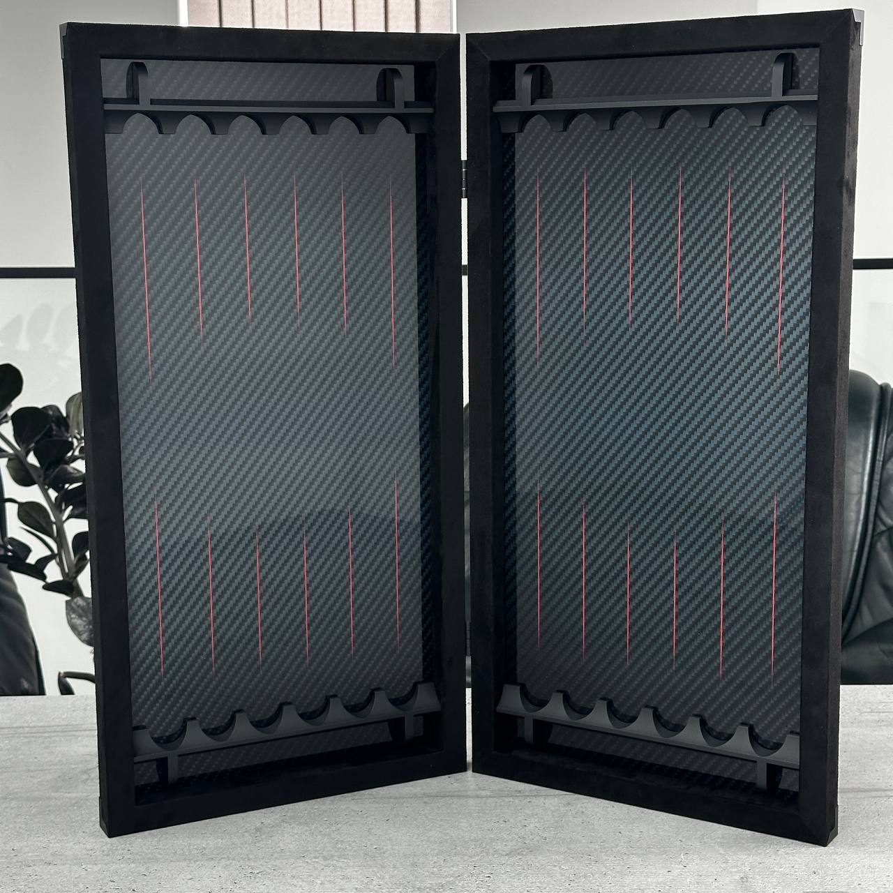 Exclusive Carbon Backgammon Set in Aluminum Frame with Glass Interior, 60*30 cm, Art.555000 Gift-ready
