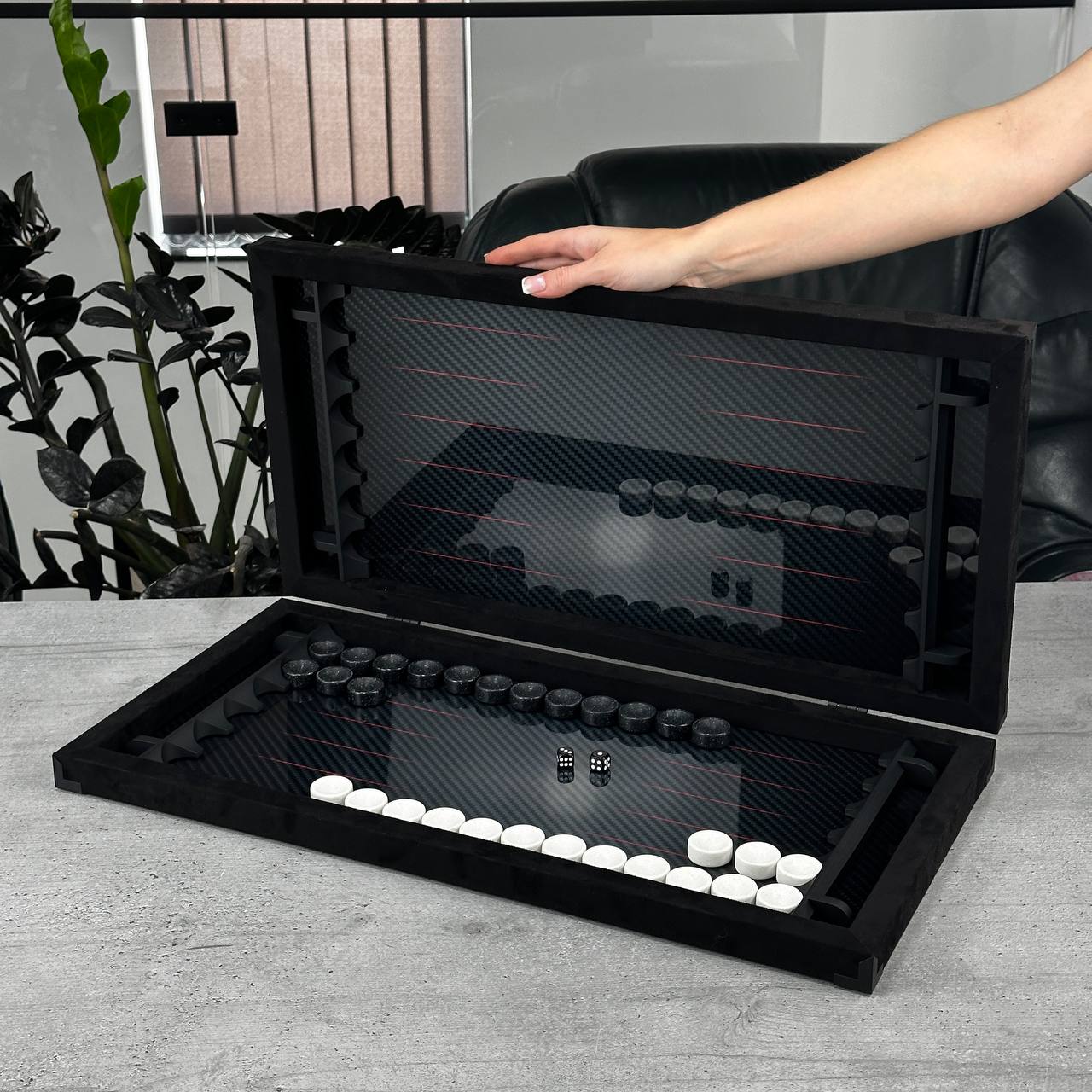Exclusive Carbon Backgammon Set in Aluminum Frame with Glass Interior, 60*30 cm, Art.555000 Gift-ready