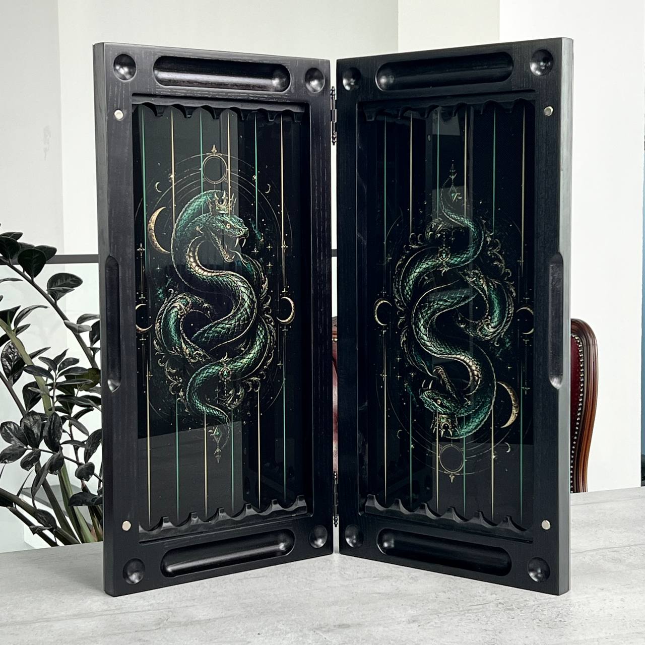 Sovereign Dragon & Cosmic Cancer Glass&Wood Backgammon Set — Luxury Game Board Gift