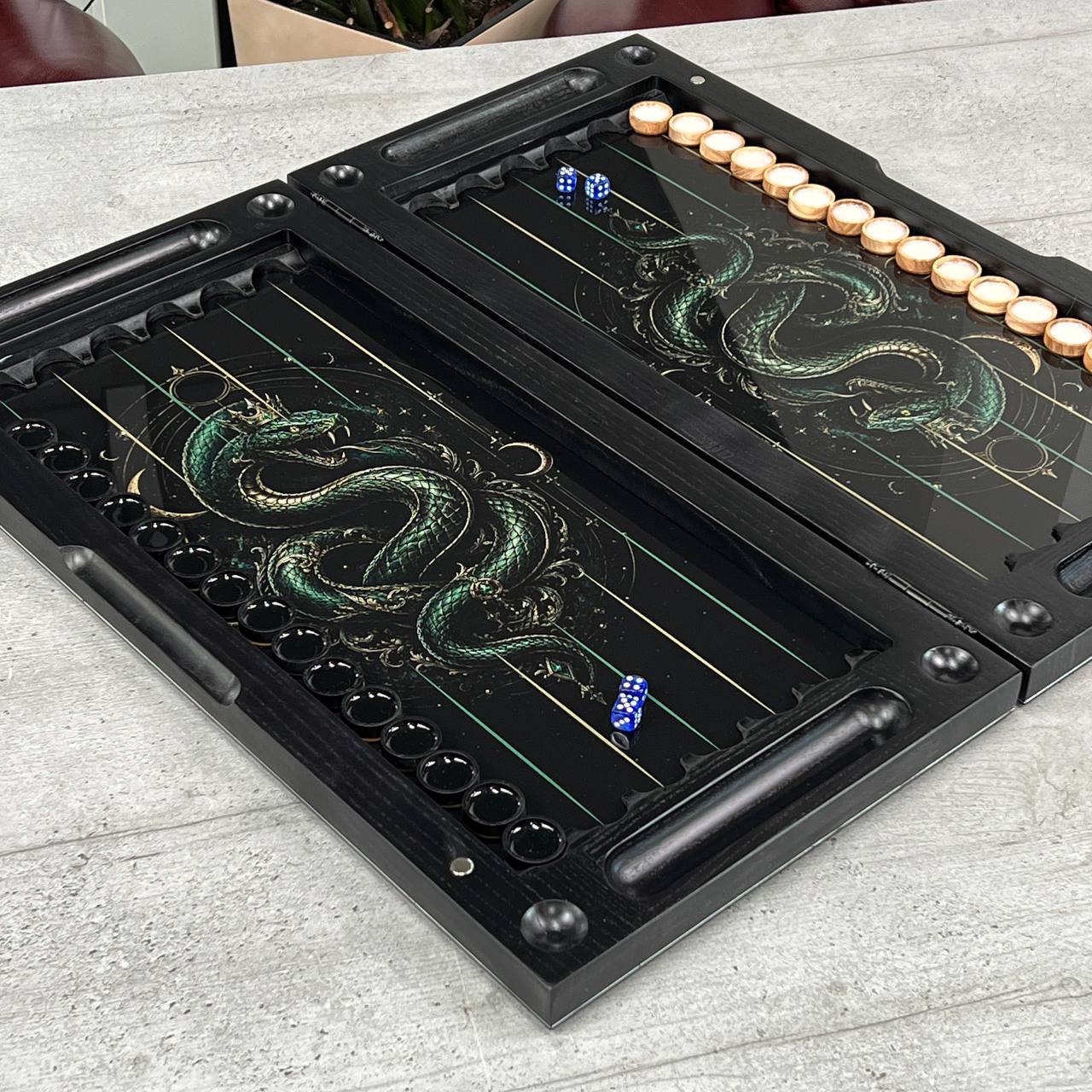 Sovereign Dragon & Cosmic Cancer Glass&Wood Backgammon Set — Luxury Game Board Gift