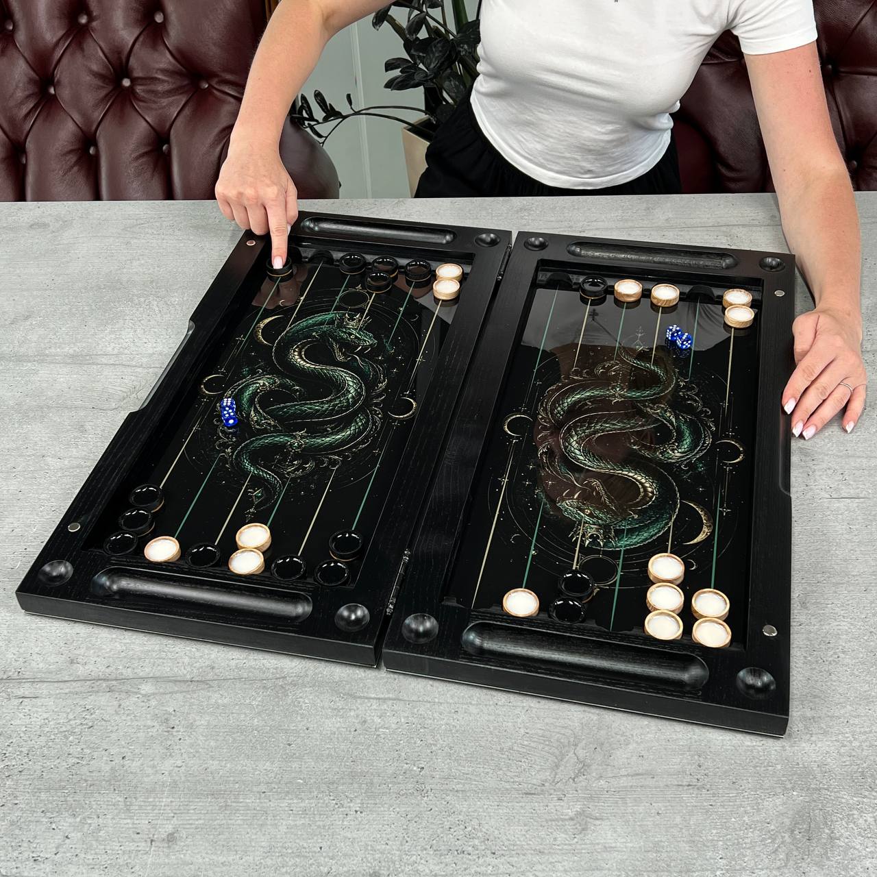 Sovereign Dragon & Cosmic Cancer Glass&Wood Backgammon Set — Luxury Game Board Gift
