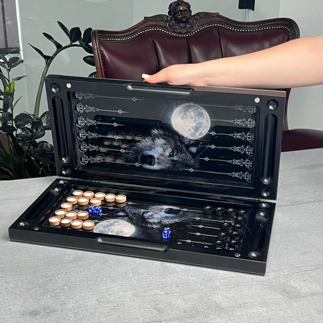 Wolf & Moon Collection Glass & Wood Backgammon Set