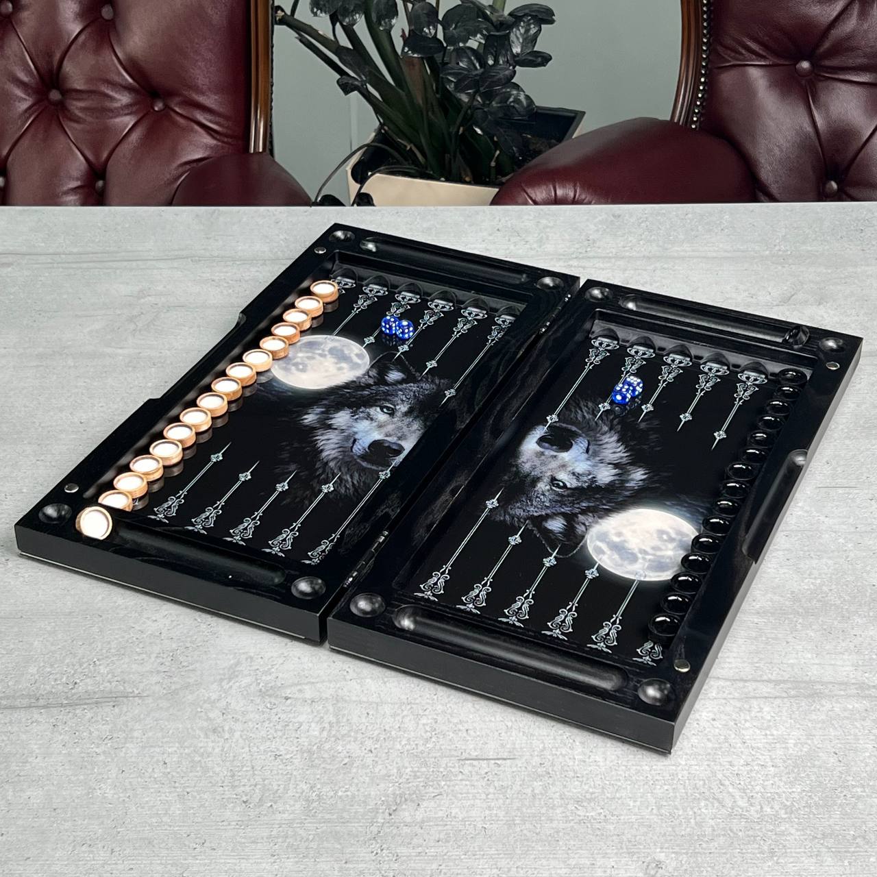 Wolf & Moon Collection Glass & Wood Backgammon Set