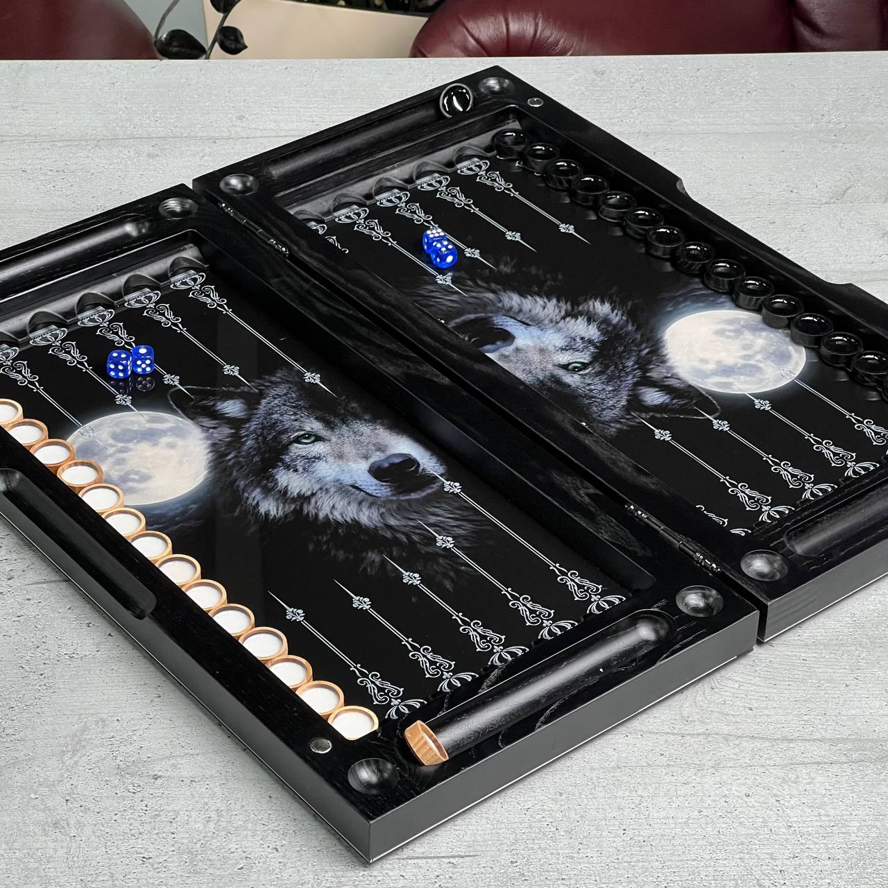 Wolf & Moon Collection Glass & Wood Backgammon Set