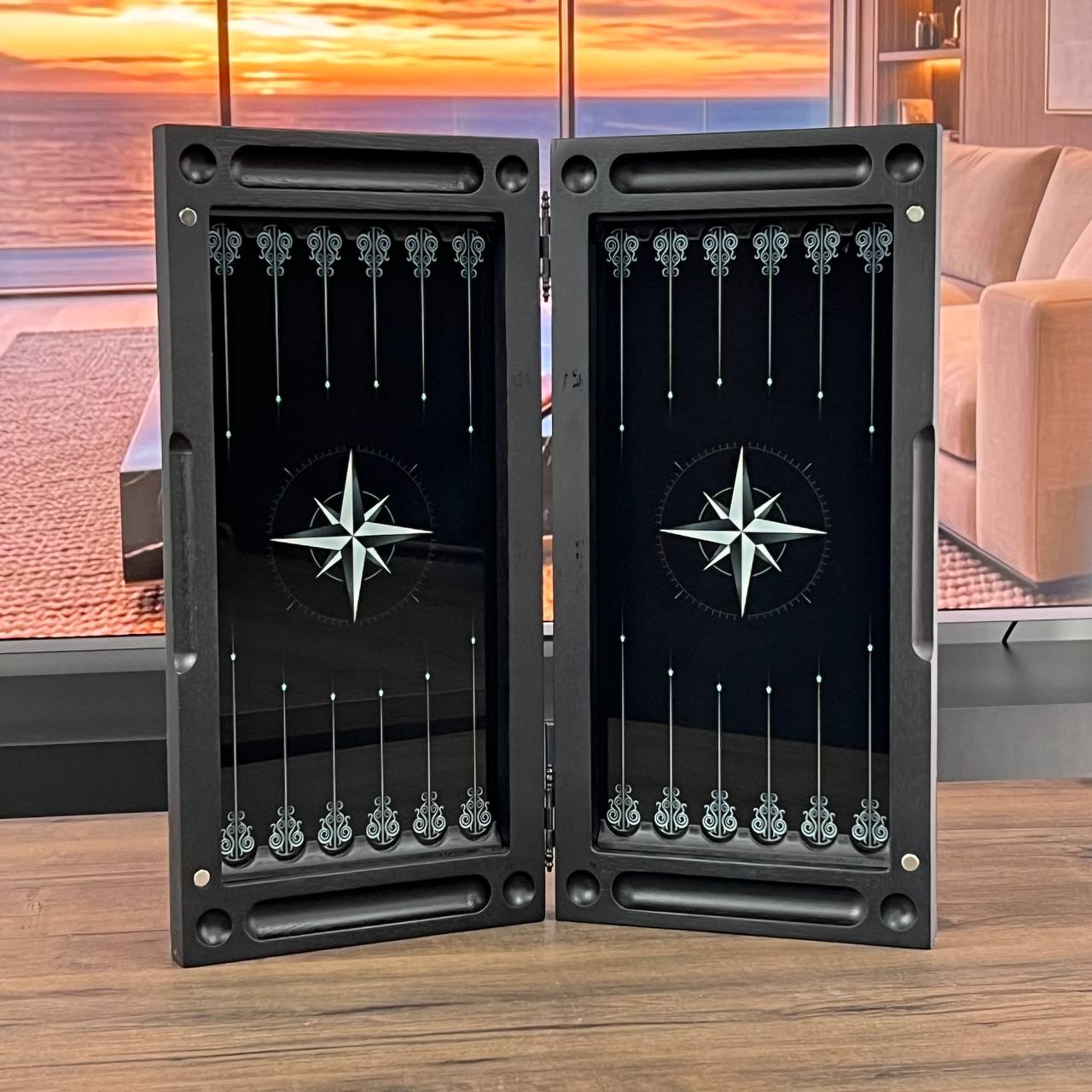 Compass Rose Collection Glass & Wood Backgammon Set