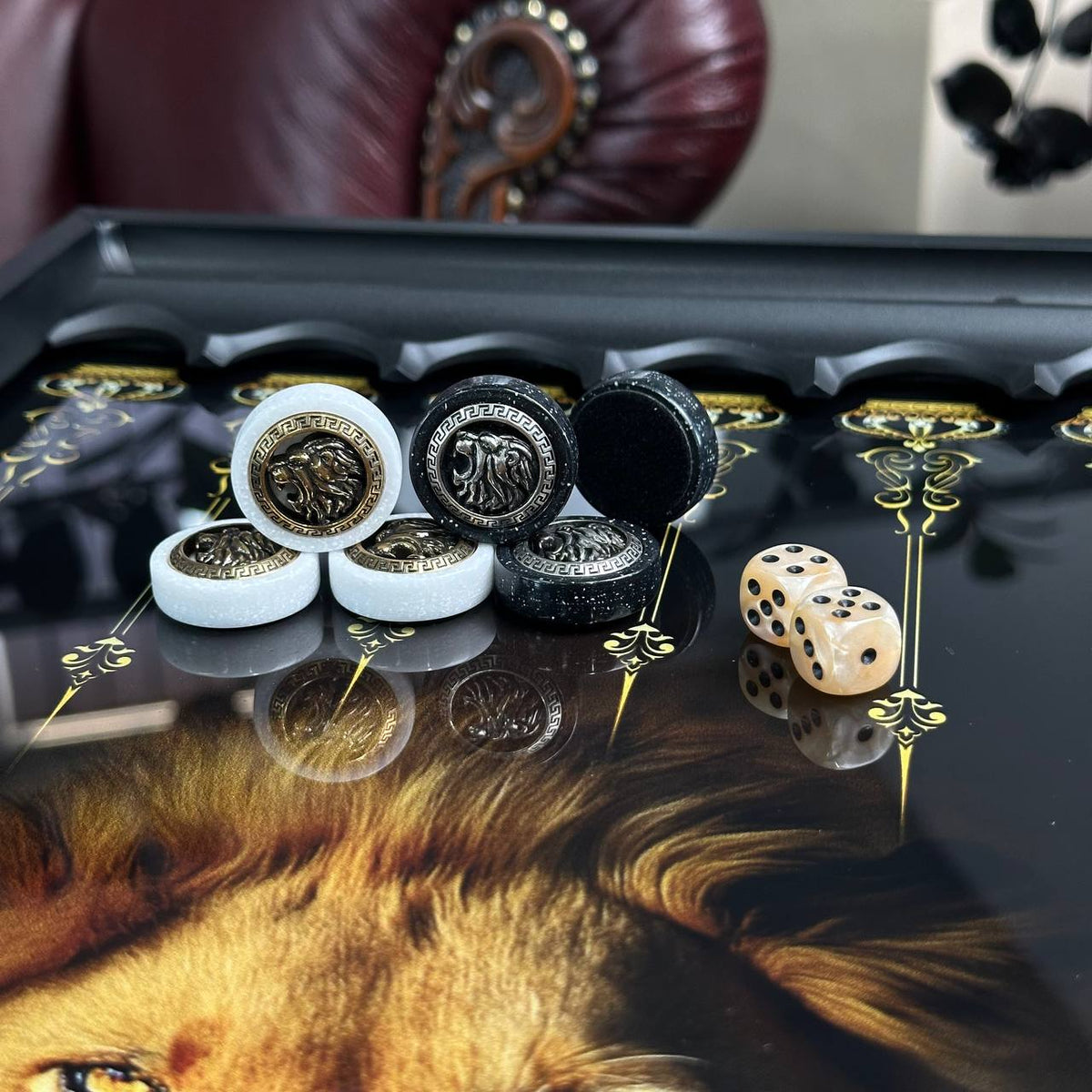 Grey Lion Glass Backgammon Set with Stone Checkers – Large 24”
