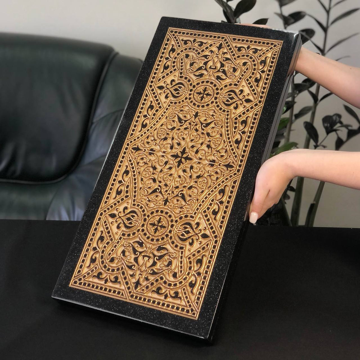 Black and Gold Ornamental Stone Backgammon Set Premium Edition – Large 24”