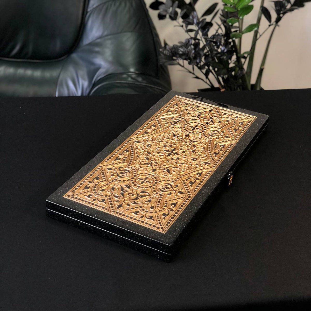 Black and Gold Ornamental Stone Backgammon Set Premium Edition – Large 24”