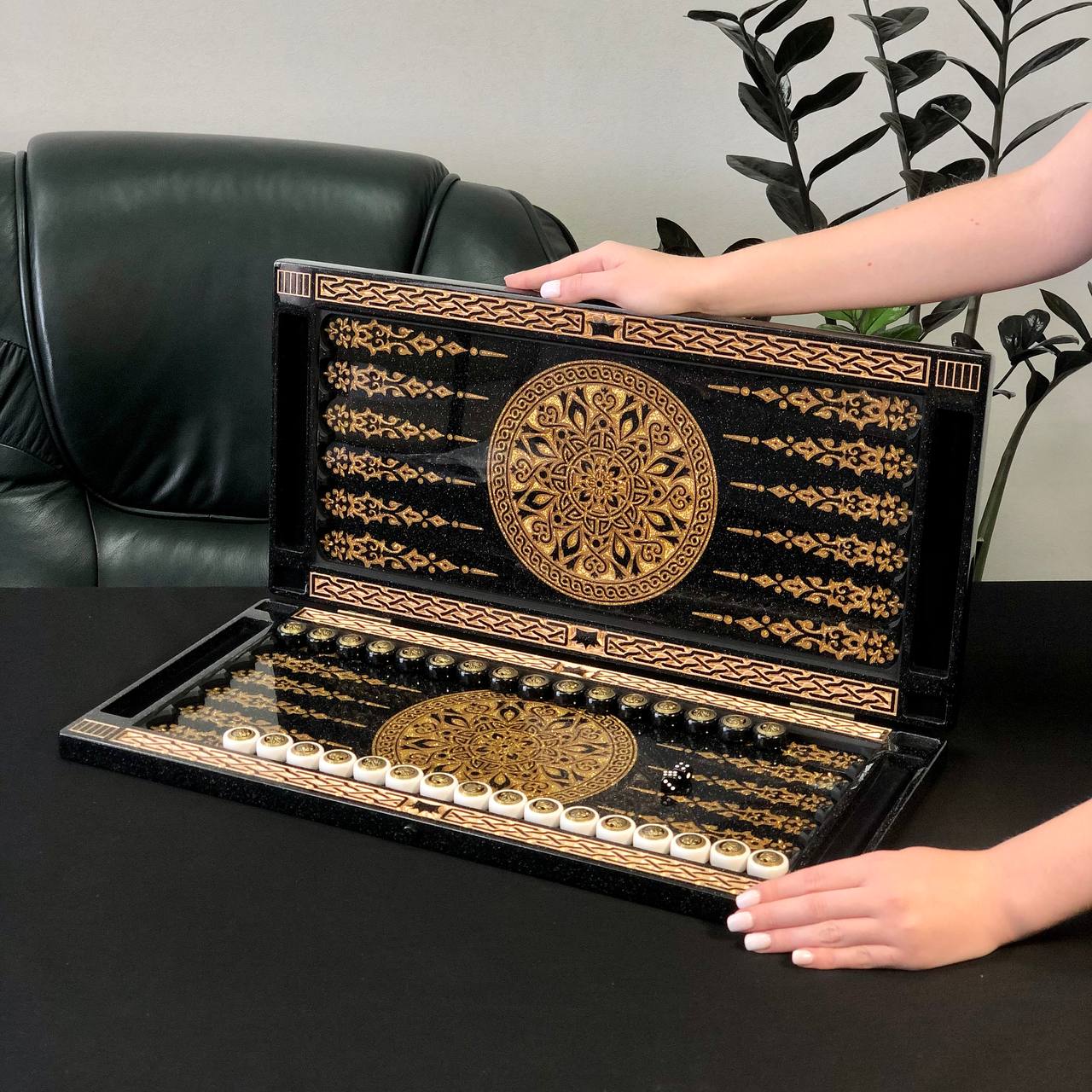 Black and Gold Ornamental Stone Backgammon Set Premium Edition – Large 24”