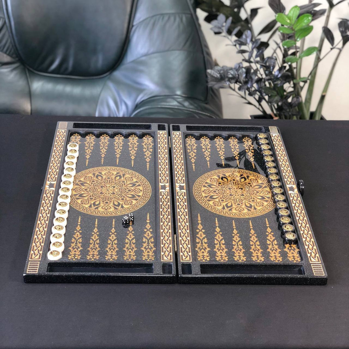 Black and Gold Ornamental Stone Backgammon Set Premium Edition – Large 24”