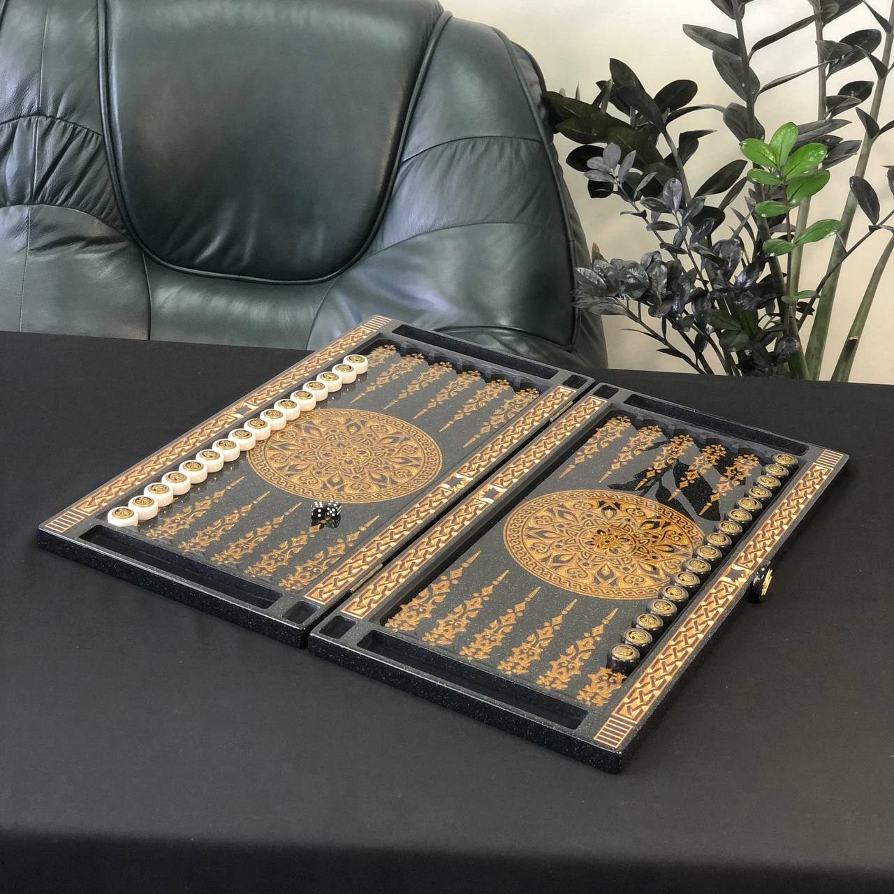 Black and Gold Ornamental Stone Backgammon Set Premium Edition – Large 24”
