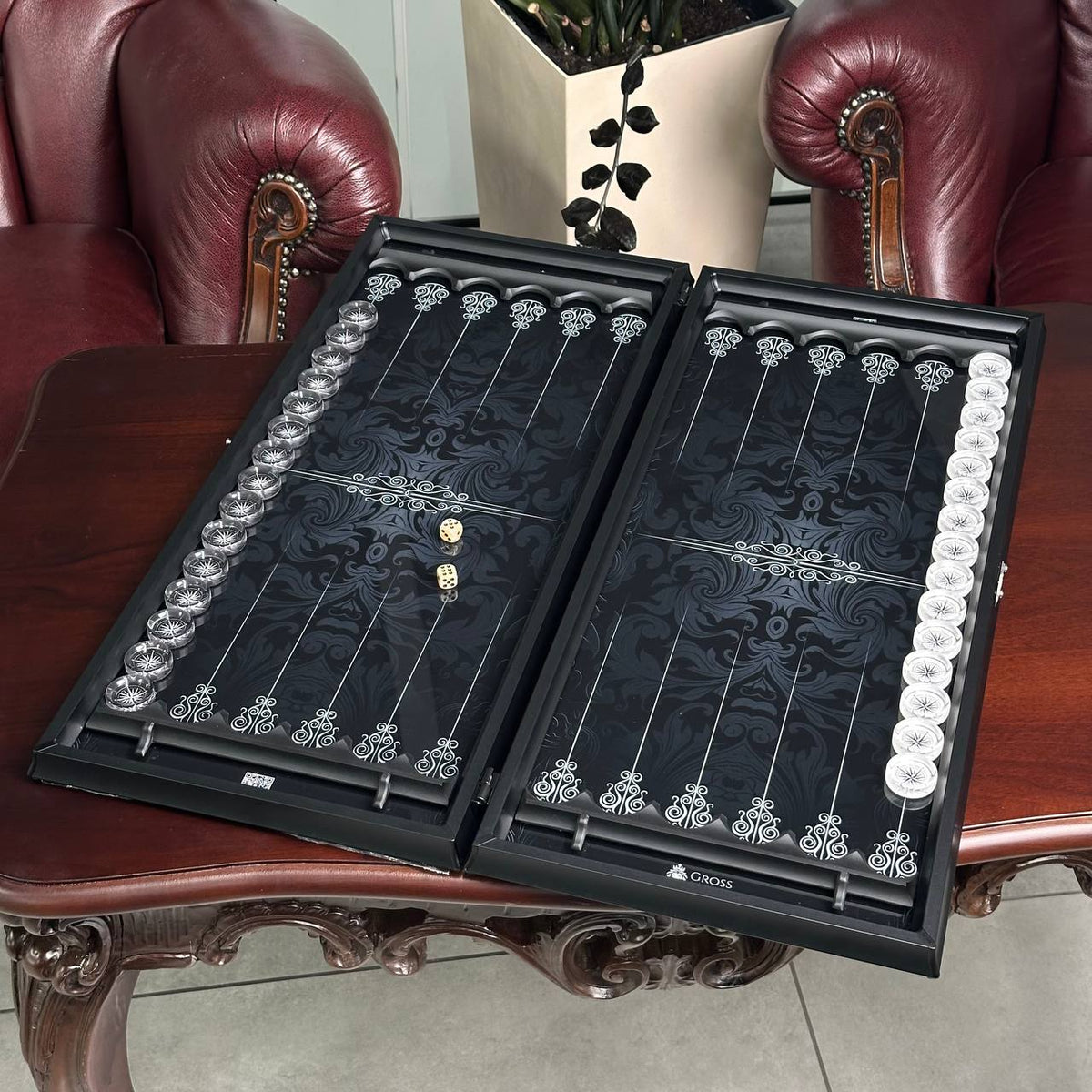 Black Abstract Glass Backgammon Set with Premium Metal Checkers – Large 24”