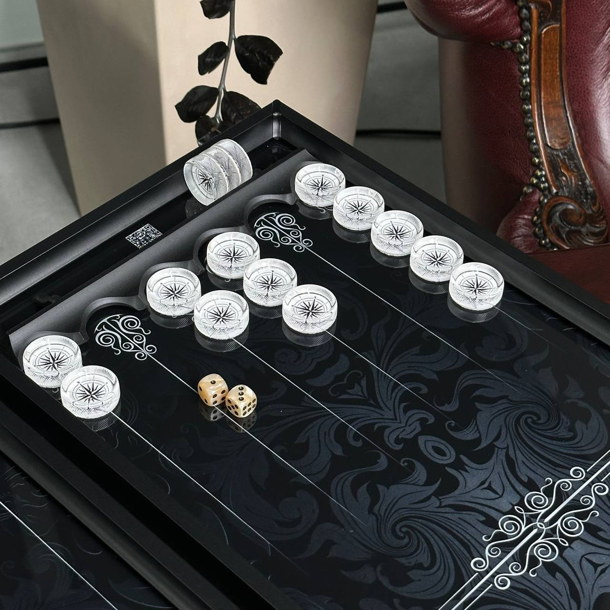 Black Abstract Glass Backgammon Set with Premium Metal Checkers – Large 24”